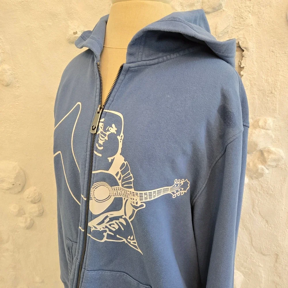 True Religion Y2K Mens Skater Hoodie Blue Buddha Guitar Horseshoe Logo Size L